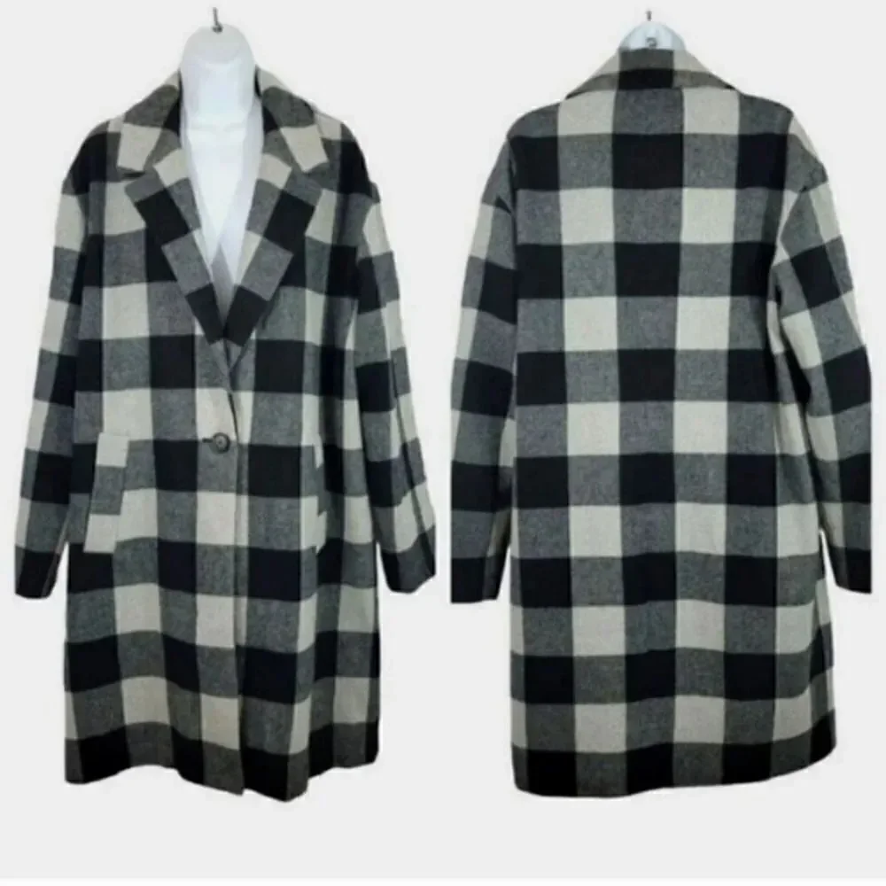 American Eagle Buffalo Plaid Trench Car Coat in Black/Gray Check Size Large
